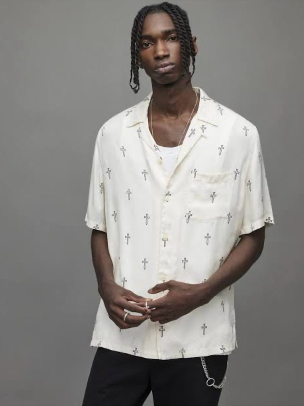 All Saints Short-Sleeve Cross Print Button-Down Shirt